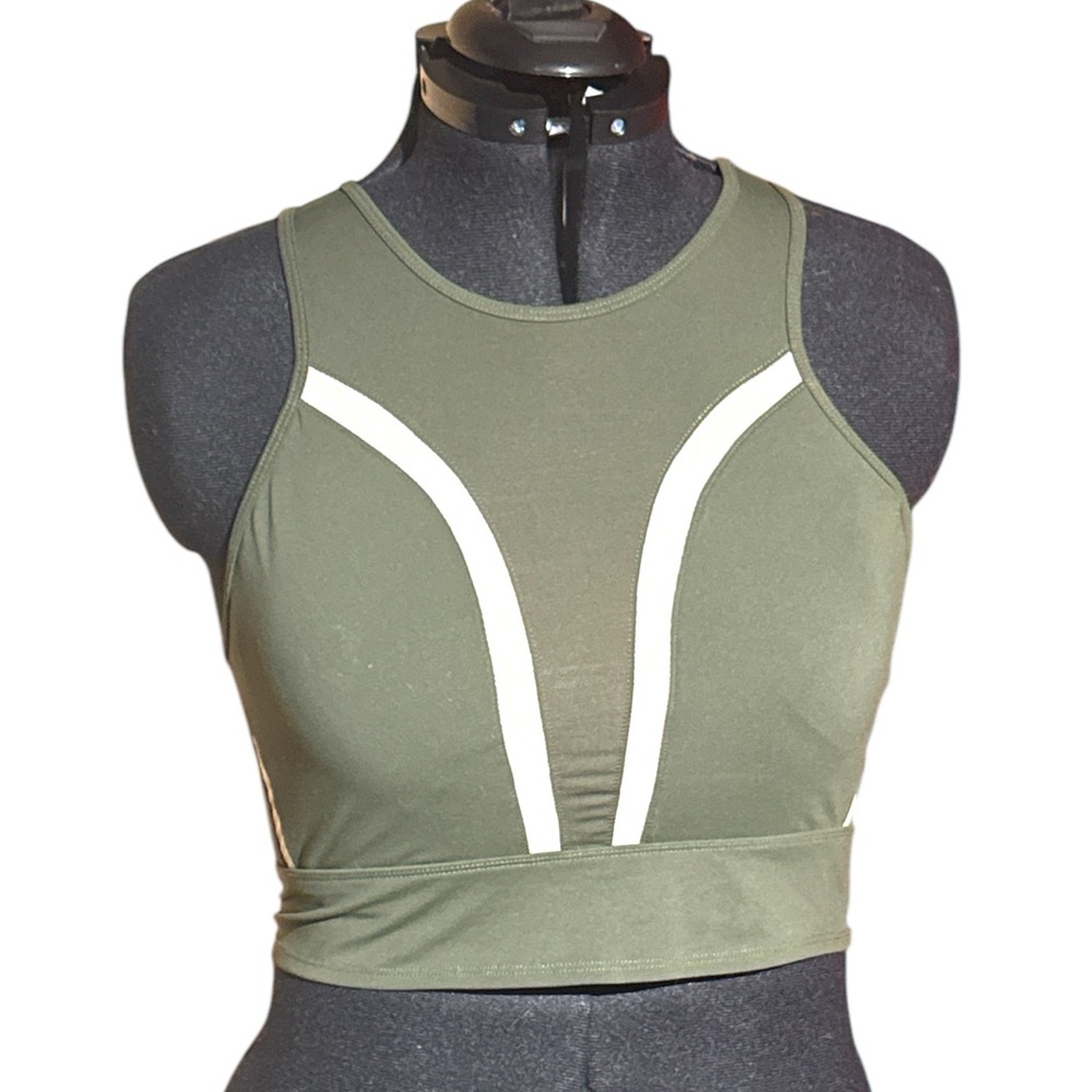 Fabletics Olive Green and White High-Neck Sports Bra